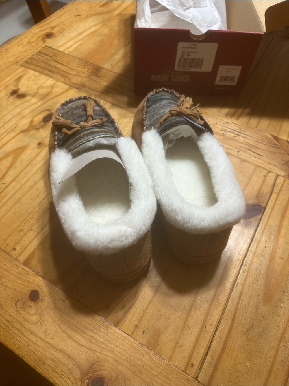 Muk Luks Tan and White Faux-Shearling Moccasin Slippers with Bow